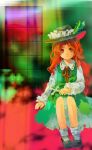  abstract_background alternate_color black_footwear black_headwear collared_shirt commentary_request cross dress fedora frilled_hat frills green_dress hat hat_feather highres holding holding_cross jacket_girl_(dipp) kaigen_1025 long_hair long_sleeves looking_at_viewer multicolored_background red_eyes red_ribbon redhead ribbon shirt sitting touhou very_long_hair wavy_hair white_shirt 