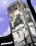  4girls against_glass ashigara_(kancolle) ass black_hair breasts brown_eyes brown_hair clouds commentary_request gloves haguro_(kancolle) hair_ornament hairband kantai_collection large_breasts lens_flare long_hair multiple_girls myoukou_(kancolle) nachi_(kancolle) name_john open_mouth pantyhose phone_booth revision short_hair sky white_gloves white_legwear 