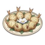  artist_request commentary english_commentary flower food food_focus genshin_impact leaf lowres muted_color no_humans official_art plate shrimp still_life third-party_source transparent_background white_flower 
