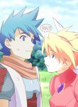  1boy 1girl angel_wings blonde_hair blue_eyes breasts breath_of_fire breath_of_fire_iii closed_mouth clouds hairband highres nina_(breath_of_fire_iii) nori_(norimakigumo) open_mouth ryuu_(breath_of_fire_iii) short_hair smile tree wings 