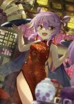  1girl :d akisome_hatsuka alternate_costume alternate_hairstyle bangs bare_arms bare_legs bare_shoulders bat bat_wings blurry blurry_foreground china_dress chinese_clothes cowboy_shot dress eyebrows_visible_through_hair fang holding holding_plate indoors lamp looking_at_viewer open_mouth plate pointy_ears purple_hair red_dress red_eyes remilia_scarlet sleeveless sleeveless_dress smile solo standing touhou vase wings 