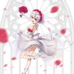  1girl back bangs bare_shoulders blurry blurry_foreground bouquet dress flower gotointhepark highres holding holding_bouquet honkai_(series) honkai_impact_3rd looking_at_viewer looking_back petals red_eyes red_flower red_rose rose shoe_soles simple_background solo theresa_apocalypse theresa_apocalypse_(luna_kindred) wedding_dress white_dress white_footwear white_hair white_sleeves 