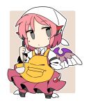 1girl adapted_costume animal_ears apron brown_dress chibi dress feathered_wings full_body grey_eyes head_scarf holding holding_ladle ini_(inunabe00) ladle mystia_lorelei pink_hair short_hair solo touhou white_headwear wings yellow_apron 