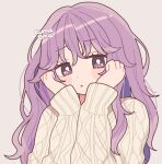  1girl bangs blush highres long_hair nokanok open_mouth original purple_hair simple_background solo sweater symbol-only_commentary violet_eyes white_sweater 