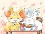  :d alolan_vulpix animal animal_ear_fluff animal_focus backpack backpack_removed bag bench bento blush commentary_request eating fang fennekin food fox friends kana_(maple926) no_humans onigiri open_mouth petals pokemon sitting skin_fang smile toes 