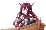  1girl absurdres black_legwear blue_eyes heterochromia highres holding holding_oar hololive hololive_english horns irys_(hololive) jan_azure long_hair looking_away oar parted_lips pointy_ears redhead rowboat sitting solo thigh-highs transparent_background violet_eyes virtual_youtuber 