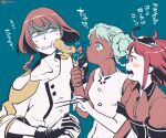  1boy 2girls blue_eyes breasts chopsticks dark-skinned_female dark_skin double_bun gundam gundam_g_no_reconguista hair_ornament klim_nick long_hair multiple_girls noredo_nug open_mouth raraiya_monday redhead short_hair simple_background yukataro 