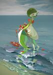  absurdres bob_cut clothes_lift clouds day dress dress_lift dropping flower gardevoir green_hair highres lifted_by_self looking_back outdoors petals pokemon pokemon_(creature) red_eyes red_flower reflection sand shore short_hair sky solo standing two_pokemon water 