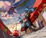 alternate_color candy_apple clouds colored_sclera crobat day food from_below highres market_stall mouth_hold no_humans octillery outdoors petilil pokemon pokemon_(creature) red_eyes shiny_pokemon sky stone_floor teeth two_pokemon umbreon yamask yellow_sclera 