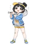  1girl black_hair blue_jacket blush_stickers brown_eyes child eyebrows_visible_through_hair full_body highres jacket looking_at_viewer one_side_up open_mouth racket simple_background smile solo spawnfoxy sportswear tennis_racket tennis_uniform white_background 