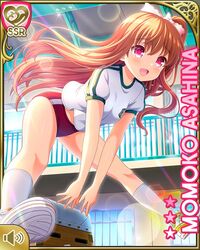  1girl asahina_momoko brown_hair buruma character_name girlfriend_(kari) indoors jumping kneehighs leaning_forward legs legs_apart long_hair official_art open_mouth qp:flapper red_buruma red_eyes ribbon shirt shoes short_sleeves side_ponytail smile solo thighs vaulting_horse white_footwear white_legwear white_shirt 