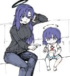  2girls bangs black_sweater blue_archive blue_pants blue_shorts child couch denim flying_sweatdrops halo head_rest holding holding_tablet_pc jeans light_smile md5_mismatch medium_hair mksk_69 mother_and_daughter multiple_girls older on_couch pants partially_colored pointing purple_hair shirt shorts sitting sketch sweater t-shirt tablet_pc turtleneck turtleneck_sweater violet_eyes white_shirt yuuka_(blue_archive) 