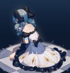 1girl absurdres bangs black_bow black_sleeves blue_background blue_hair bow detached_sleeves doll dress drill_hair frilled_dress frills from_behind gradient gradient_background grey_choker grey_dress gwen_(league_of_legends) hair_bow highres holding holding_doll league_of_legends long_hair on_ground puffy_short_sleeves puffy_sleeves shiny shiny_hair short_sleeves sitting solo strapless strapless_dress tile_floor tiles twin_drills twintails yuk233 