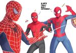  3boys bodysuit crab crossover english_commentary english_text food marvel marvel_cinematic_universe multicolored_clothes multiple_boys pizza pizza_slice silk spider-man spider-man:_far_from_home spider-man_(series) spider-man_1_(2002) spider_web spider_web_print stormyorha superhero surprised the_amazing_spider-man white_background white_eyes 