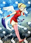  1girl absurdres angel_wings blonde_hair breath_of_fire breath_of_fire_iii china_dress chinese_clothes dress feathered_wings full_body green_eyes highres looking_at_viewer maruno nina_(breath_of_fire_iii) open_mouth short_hair smile solo thigh-highs white_wings wings 