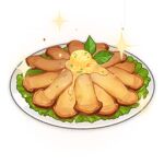  artist_request butter commentary english_commentary food food_focus garnish genshin_impact leaf lettuce lowres mushroom no_humans official_art plate sparkle still_life third-party_source transparent_background 