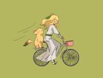  1girl audrey_hall bicycle bicycle_basket blonde_hair blush chinese_commentary commentary_request corset dog dress fyy2333 golden_retriever green_background green_eyes green_neckwear green_ribbon ground_vehicle highres long_hair long_sleeves lord_of_the_mysteries ribbon riding riding_bicycle simple_background susie_(lord_of_the_mysteries) white_dress white_footwear 