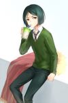  1boy black_eyes cape cape_removed changye cup drinking drinking_straw fate/grand_order fate/zero fate_(series) fur-trimmed_cape fur_trim green_hair highres holding holding_cup male_focus necktie sitting solo striped_necktie sweater waver_velvet 