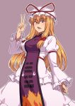  1girl bangs blonde_hair bow breasts dress eyebrows_visible_through_hair grey_background hair_bow hat highres juliet_sleeves kakone long_hair long_sleeves looking_at_viewer mob_cap multiple_bows open_mouth outline puffy_sleeves red_bow simple_background solo standing tabard touhou v violet_eyes white_dress white_headwear white_outline yakumo_yukari 