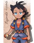  1boy antenna_hair bangs black_hair blue_eyes clenched_hand closed_mouth collarbone commentary_request eyelashes goh_(pokemon) grey_jacket highres holding holding_poke_ball jacket looking_at_viewer male_focus medium_hair pillarboxed poke_ball poke_ball_(legends) pokemon pokemon_(anime) pokemon_swsh_(anime) sara_bonetti short_sleeves smile solo 