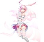  1girl :d animal_ears bangs bare_shoulders blue_eyes blue_sky blurry breasts cherry_blossoms commentary_request detached_sleeves dress fox_ears gotointhepark hair_between_eyes hair_ornament head_tilt highres honkai_(series) honkai_impact_3rd layered_skirt leg_up looking_at_viewer medium_breasts miniskirt open_mouth panties photoshop_(medium) pink_hair pink_skirt round_teeth see-through shirt short_hair simple_background skirt sky smile solo teeth thigh-highs underwear upper_teeth veil wedding_dress white_background white_legwear white_panties white_shirt yae_sakura yae_sakura_(flame_sakitama) 