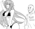  1boy 1girl bb_(baalbuddy) beard biceps bikini breasts commentary coomer english_commentary facial_hair greyscale hand_up high_school_dxd highres large_breasts long_hair looking_at_viewer meme monochrome muscular muscular_male navel rias_gremory shirt simple_background smile swimsuit very_long_hair white_background 