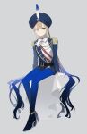  1boy absurdres ankle_ribbon bangs belt blonde_hair blue_eyes blue_hair blue_legwear captain_nemo_(fate) commentary_request epaulettes fate/grand_order fate_(series) gradient_hair grey_background hat_feather highres long_hair long_sleeves male_focus multicolored_hair ne_f_g_o nemo_(fate) ribbon shorts simple_background sitting solo turban twintails very_long_hair 