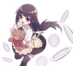  1girl apron bangs black_hair black_legwear blunt_bangs blush daisy_(working!!) doll_hug from_above from_side highres long_hair object_hug open_mouth simple_background smile solo stuffed_animal stuffed_toy teddy_bear thigh-highs tsurime violet_eyes waitress wan_nian_da_zha_de_r white_background working!! yamada_aoi zettai_ryouiki 