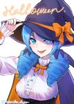  1girl :d alternate_costume artist_name bangs black_headwear blue_eyes blue_hair bow breasts dress_shirt drill_hair fang gwen_(league_of_legends) hair_ribbon halloween hand_up hat hat_bow highres large_breasts league_of_legends long_hair momikodayo orange_bow purple_ribbon ribbon shirt smile solo teeth twin_drills twintails upper_body upper_teeth white_shirt witch_hat 