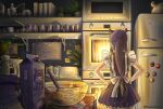  1girl can cooking flulululuke food highres hololive hololive_english indoors kitchen magnet milk_carton ninomae_ina&#039;nis oven plant pointy_ears ponytail potted_plant purple_hair red_bull refrigerator refrigerator_magnet standing sticky_note tako_(ninomae_ina&#039;nis) tentacle_hair toast twitter_username virtual_youtuber 