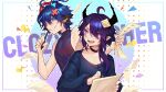  2others androgynous animal_ears blue_eyes blue_hair choker clozy_(vtuber) demon demon_horns highres horns indie_virtual_youtuber looking_at_another multiple_others pale_skin pointy_ears purple_hair tattoo violet_eyes virtual_youtuber xeapher xeapher_(vtuber) 
