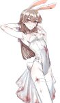 1girl absurdres animal_ears armpits blood blood_on_chest blood_on_clothes blood_on_face blood_on_hands breasts brown_eyes brown_hair covered_nipples groin hair_between_eyes hand_in_hair highres leotard long_hair looking_at_viewer original rabbit_ears rabbit_tail small_breasts smile solo tail thigh-highs tsu_(lovesick1964) white_background white_legwear 