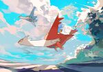  absurdres claws clouds day flying from_below highres latias latios mudkip no_humans outdoors pokemon pokemon_(creature) riding riding_pokemon sky two_pokemon yellow_eyes 