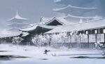  2boys architecture back bojji building crown east_asian_architecture highres lantern multiple_boys ousama_ranking running scenery shadow_(ousama_ranking) snow snowing tower tree wang_chen wooden_wall 