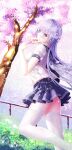  1girl alternate_costume azur_lane braid breasts cherry_blossoms e^(in)+1=0 feet_out_of_frame food food_in_mouth french_braid from_side highres large_breasts long_hair looking_at_viewer miniskirt mouth_hold purple_hair purple_sailor_collar purple_skirt rodney_(azur_lane) sailor_collar school_uniform shirt short_sleeves skirt solo standing thigh-highs toast toast_in_mouth very_long_hair violet_eyes white_legwear white_shirt zettai_ryouiki 