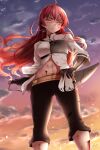  1girl abs ahoge ass_visible_through_thighs black_gloves black_pants blood blood_on_face blue_sky blush eris_greyrat from_below gloves groin hair_between_eyes hand_on_hip highres injury long_hair looking_to_the_side mushoku_tensei navel pants red_eyes redhead shirt sky solo sunset sword sword_behind_back weapon white_shirt zasshu 