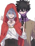  2boys ametaro_(ixxxzu) animal_ears black_choker black_hair blue_eyes boku_no_hero_academia brown_shirt burn_scar cheek_piercing choker cloak dabi_(boku_no_hero_academia) gun highres holding holding_gun holding_weapon hood hooded_cloak male_focus medium_hair multiple_boys multiple_scars red_cloak red_eyes scar scar_on_face shigaraki_tomura shirt short_hair spiky_hair staple stapled stitched_neck stitches tail weapon white_hair white_shirt wolf_boy wolf_ears wolf_tail wrinkled_skin 