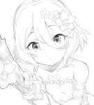  1girl blush detached_sleeves flower greyscale hair_flower hair_ornament healthyman holding holding_staff kokkoro_(princess_connect!) looking_at_viewer medium_hair monochrome parted_lips pointy_ears princess_connect! simple_background solo staff upper_body white_background 