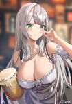  1girl artist_name bangs bare_shoulders beer_mug blunt_bangs blurry blurry_background blush breasts closed_mouth collarbone copyright_name corset cup detached_sleeves foam frills green_eyes grey_hair hand_up highres holding holding_cup hololive large_breasts long_hair mole mole_on_breast mug official_alternate_costume reulem shirogane_noel smile solo straight_hair upper_body virtual_youtuber 