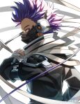  1boy armband audio_jack bags_under_eyes blurry boku_no_hero_academia depth_of_field drop_shadow forehead from_behind head_down holding holding_weapon jumpsuit looking_at_viewer looking_back male_focus mask messy_hair mouth_mask purple_hair scarf shadow shinsou_hitoshi short_hair shoulder_pads sideways_glance solo spiky_hair strap tonbanlove twitter_username upper_body violet_eyes weapon white_background 