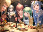  5girls :d absurdres bangs black_jacket blonde_hair blue_bow blue_bowtie blue_hair blue_jacket blue_neckerchief bow bowtie box cake choker collared_shirt commentary_request cup drinking_glass food fork gift gift_box glasses green_eyes green_hair hair_ribbon highres hololive hololive_fantasy houshou_marine indoors jacket jewelry knife long_hair long_sleeves looking_at_viewer multicolored_hair multiple_girls nail_polish neckerchief necklace official_alternate_costume one_eye_closed open_clothes open_jacket plaid plaid_bow plaid_bowtie plaid_skirt plate ponytail rasa_k red_eyes redhead ribbon rubbing_eyes sailor_collar shiranui_flare shirogane_noel shirt short_hair silver_hair skirt smile spoon streaked_hair sweater table thick_eyebrows two_side_up uruha_rushia usada_pekora virtual_youtuber white_choker white_hair white_sailor_collar white_shirt white_skirt white_sweater yellow_jacket 