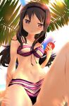  1girl akemi_homura arm_behind_back back bikini black_hair blue_sky blush breasts clouds from_below light_frown looking_at_viewer magia_record:_mahou_shoujo_madoka_magica_gaiden magical_girl mahou_shoujo_madoka_magica navel palm_tree sengoku_chidori sky small_breasts solo striped striped_bikini swimsuit thighs tree violet_eyes 