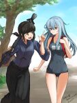  2girls absurdres bare_arms bare_legs bare_shoulders black_hair black_hakama black_swimsuit blue_eyes blush character_name closed_mouth collarbone commission day eyebrows_visible_through_hair feet_out_of_frame fubuki_(kancolle) green_eyes hair_between_eyes hakama hibiki_(kancolle) highres index_finger_raised japanese_clothes kantai_collection long_hair multiple_girls name_tag one-piece_swimsuit open_mouth school_swimsuit short_hair short_ponytail silver_hair skeb_commission smile swimsuit teeth tree twitter_username umibudou upper_teeth 