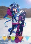  1girl absurdres ahoge animal_ears arm_up bangs black_legwear black_nails blue_hair blurry blurry_background blurry_foreground boots closed_eyes full_body goggles goggles_on_head highres hood hood_down hoodie horse_ears horse_girl horse_tail lens_flare long_hair long_sleeves open_mouth outdoors smile snow snowboard solo standing string_of_flags stuffed_animal stuffed_bunny stuffed_toy tail teeth twin_turbo_(umamusume) umamusume upper_teeth xiu_kukkii yellow_footwear 