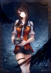  1girl black_hair breasts brown_eyes camera closed_mouth clothing_cutout cowboy_shot fatal_frame fatal_frame_5 head_tilt kozukata_yuuri long_hair looking_at_viewer miniskirt short_sleeves shoulder_cutout skirt solo thigh_strap wet wet_hair yusa_tk74 