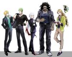 5boys achilles_(fate) animal black_hair blonde_hair casual cat changye chiron_(fate) contemporary dark-skinned_male dark_skin fate/grand_order fate_(series) formal gakuran glasses green_eyes heracles_(fate) holding holding_animal holding_cat jason_(fate) long_hair low-tied_long_hair multiple_boys odysseus_(fate) ponytail school_uniform shoes sneakers suit v-neck wavy_hair 
