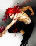  1boy barefoot blood blood_on_face blood_on_weapon changye fate/extra fate/grand_order fate_(series) hair_down highres holding holding_polearm holding_weapon li_shuwen_(fate) long_hair male_focus messy_hair polearm redhead sarashi solo topless_male weapon 