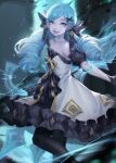  1girl absurdres bangs bare_shoulders black_bow black_dress black_legwear black_sleeves blue_hair blurry blurry_background bow collarbone detached_sleeves dress drill_hair eyebrows_visible_through_hair flat_chest green_eyes grey_dress gwen_(league_of_legends) hair_bow hair_ornament highres holding holding_scissors hong_yu league_of_legends long_hair looking_at_viewer pantyhose scissors shiny shiny_hair smile solo star_(symbol) strapless strapless_dress twin_drills x_hair_ornament 