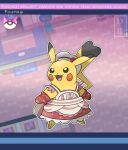  :d apron black_eyes chef_hat clothed_pokemon commentary copyright_name cosplay dawn_(pokemon)_(cosplay) dreambig eyelashes full_body happy hat hatted_pokemon highres hikari_(pokemon) no_humans open_mouth outline oven_mitts pikachu pokemon pokemon_(creature) pokemon_(game) pokemon_masters_ex red_mittens smile solo tongue watermark white_headwear 