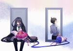  2boys ahoge bangs black_hair black_jacket black_necktie black_pants blue_flower blue_ribbon bouquet brown_hair character_name closed_mouth collared_shirt commentary_request danganronpa_(series) danganronpa_2:_goodbye_despair dual_persona flower formal from_behind grey_background hair_between_eyes highres hinata_hajime holding holding_bouquet jacket kamukura_izuru long_hair looking_at_another multiple_boys necktie pants pink_flower portrait red_eyes ribbon shirt short_hair sitting sleeves_folded_up spoilers very_long_hair white_shirt ziling 